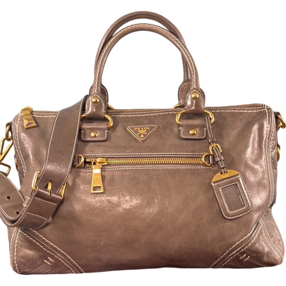 Prada Vitello Large Leather Shine 2 Way Satchel Handbag Taupe